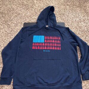 Columbia Mens XL Navy Blue Pullover Hoodie Sweatshirt USA Flag W/Trees
